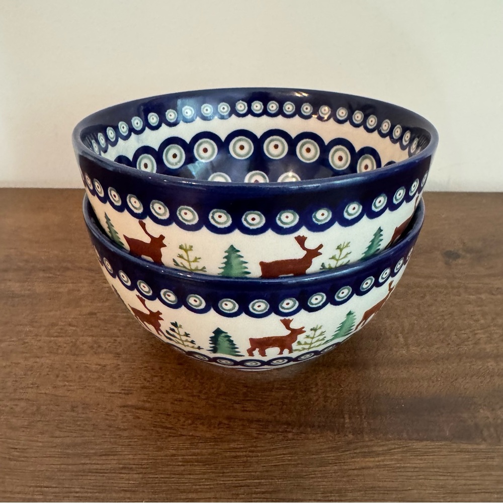 NWT Blue Rose Polish Pottery Reindeer Pine Cereal/Soup Bowl 2 Pcs - Picture 6 of 8